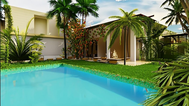 3d rendering of a villa with pool in an exotic garden