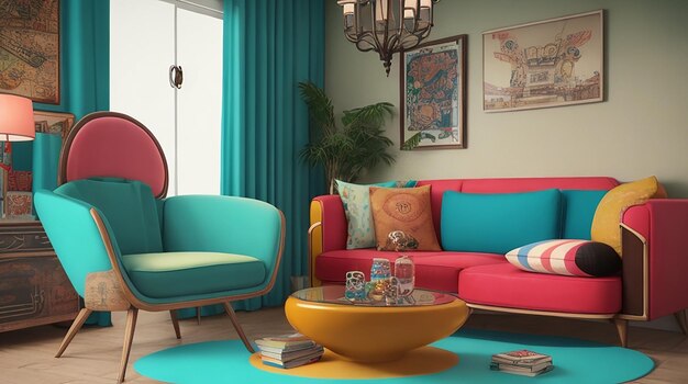 레트로 스타일의 3d 렌더링 빈티지 다채로운 거실