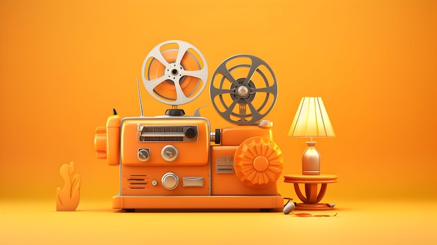 A 3D rendering of a vintage film projector and retro TV