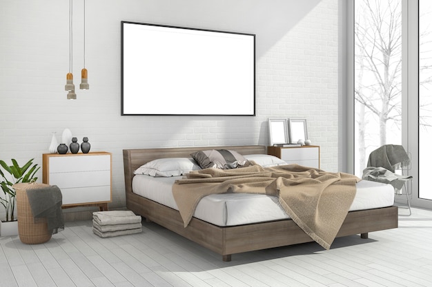 3d rendering vintage minimal mock up bedroom in scandinavian style