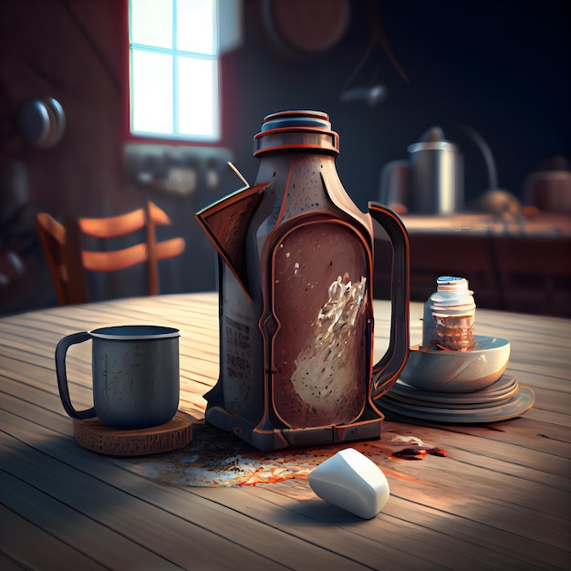 3d rendering of a vintage teapot on a wooden table