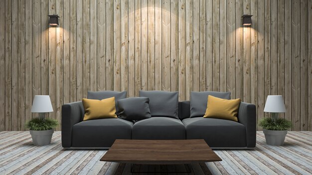 3d rendering vintage wood wall living room with colorful sofa