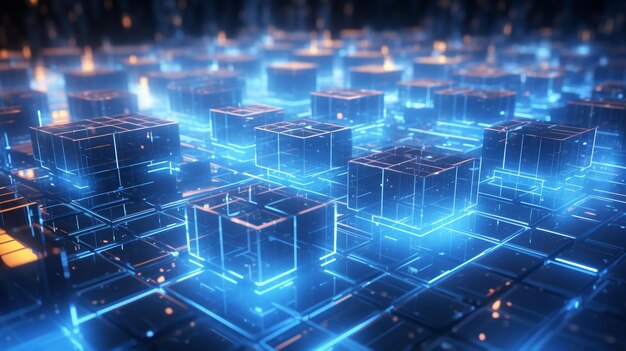 3D rendering of virtual cubes on the background of the night city