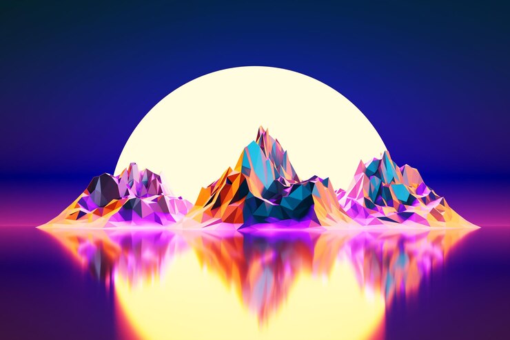 3 d レンダリング 山々 の間の仮想現実の夕日 80 年代のスタイルのデザイン 未来的なシンセサイザー レトロな波図