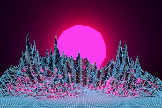 Rendering 3d, realtà virtuale, tramonto tra le montagne.