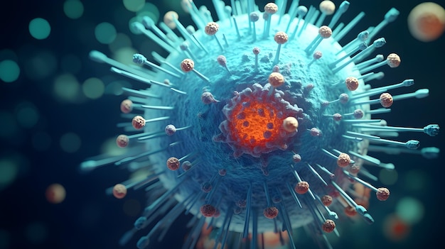 A 3D rendering of a virus under the lens emphasizing the study of infectious agents