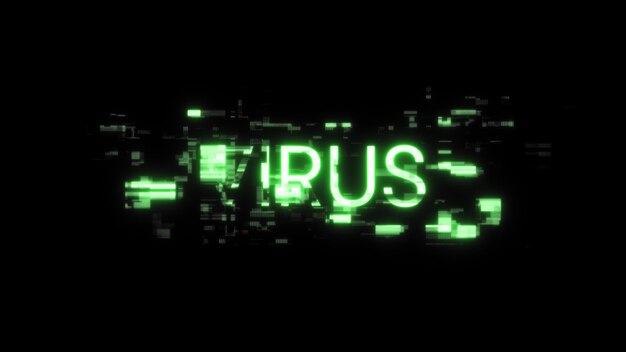 3D rendering virus text with screen effects of technological glitches