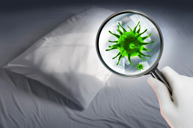 Rendering 3d di virus all'interno di un cuscino la camera da letto mostrando attraverso una lente d'ingrandimento