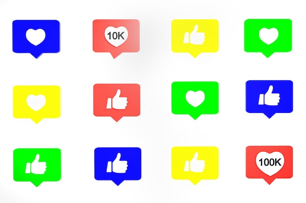 3d rendering vivid colored rectangular icons with white like\
hands and hearts on white background