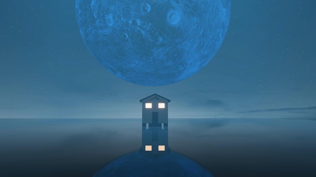 3D-rendering Volle maan achter het huis op de heuveltop in het meer Geanimeerde maan die opkomt achter het dak van het huis