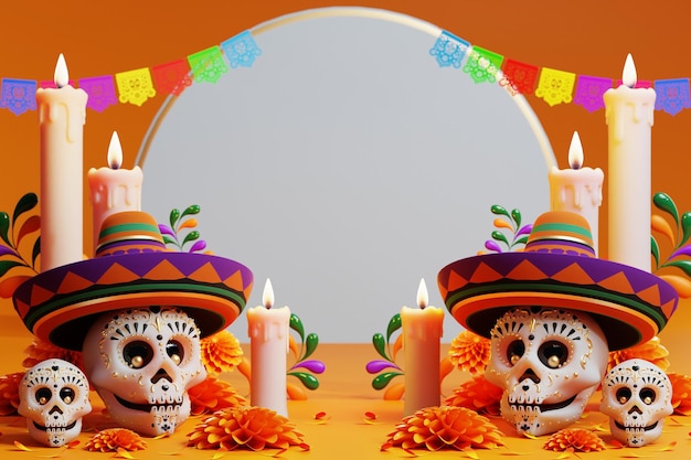 3D-rendering voor Dag van de Doden Dia de muertos altaarconcept Samenstelling van schattige suikerschedels