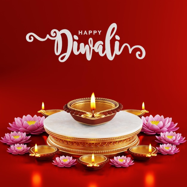 3D-rendering voor het Diwali-festival Diwali Deepavali of Dipavali het festival van de lichten in India met gouden diya met een patroon op kleur achtergrond