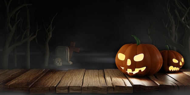 3d-rendering Voor het ontwerpen van een halloween-banner met een pompoenkruis en een schedelgraf op een houten achtergrond