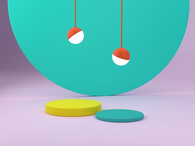 3D-rendering voor producten toont abstracte achtergrond met bochten, vormen en podium in levendige kleuren