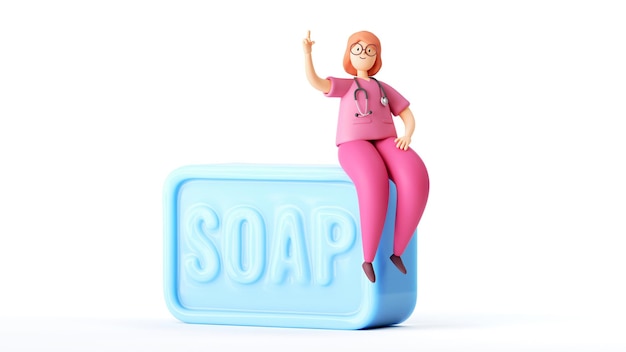 3D rendering vrouwelijke dokter cartoon personage zit op het grote blauwe stuk zeep