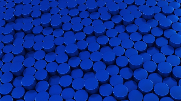 3d rendering of a wall made with blue cylinders in a perspective view