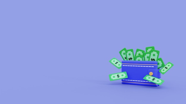 3d rendering wallet with much money finance concept illustration blue background