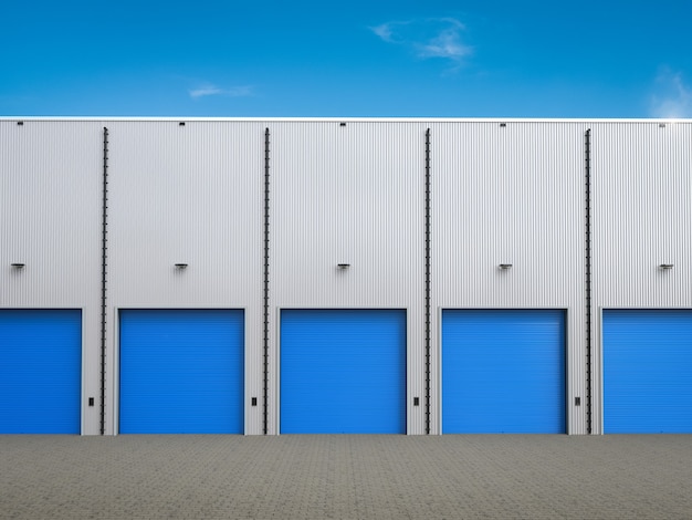 3d rendering warehouse exterior with shutter doors