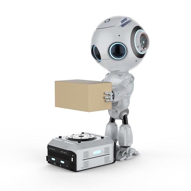 3d rendering warehouse robot carry cardboard box