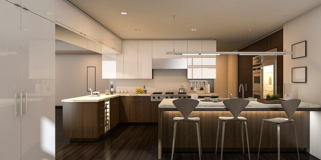 3d rendering warm light beautiful kitchen