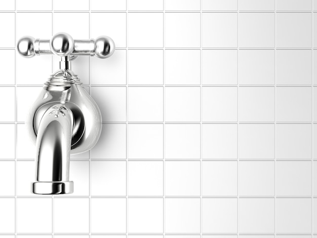 3d rendering water tap with tile wall background