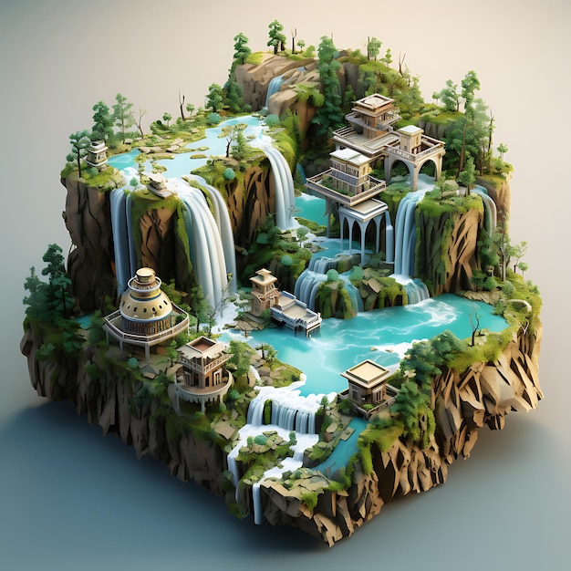 3d rendering of waterfall city isometric miniature