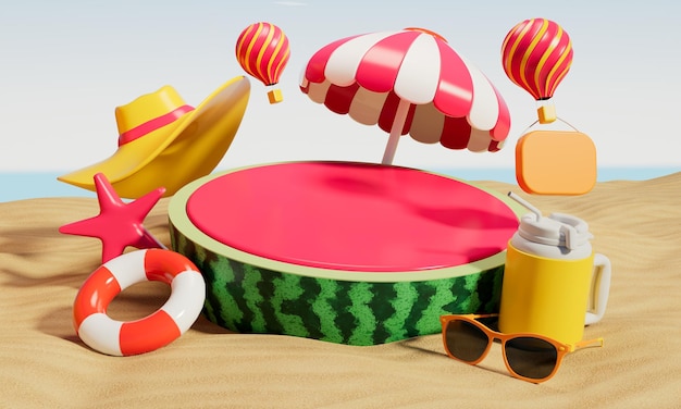 Photo 3d rendering of watermelon on the sandy beach