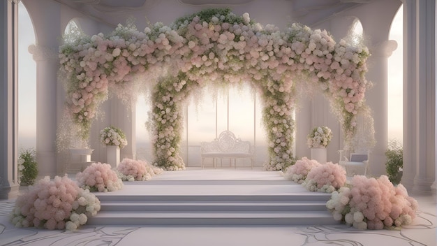 3D-рендеринг свадебной арки, украшенной цветами в белой комнате