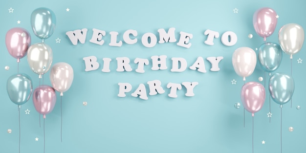 3D Rendering welcome to birthday party text on wall with balloons and gifts in blue theme