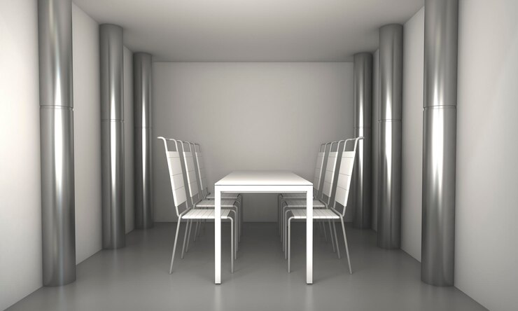 Foto 3d-rendering, werkplek. modern kantoorinterieur, trappen, schone ruimte in bedrijfsgebouw