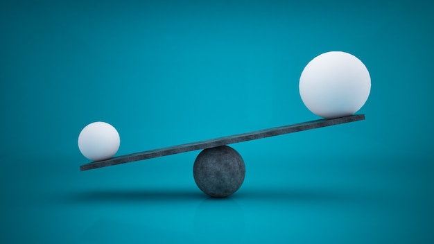 Photo 3d rendering white ball different size on plank concretebalance concept. minimalist concept