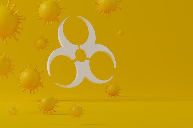 3d rendering simbolo di rischio biologico bianco con un gruppo di virus giallo