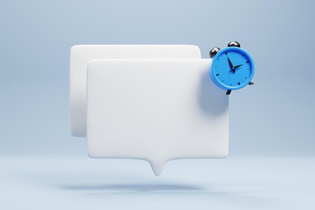 Photo 3d rendering white bubble chat with alarm clock icon on blue background 3d render illustration