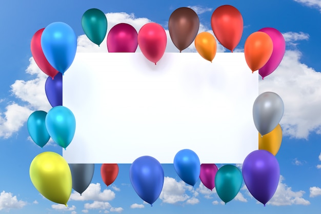 3 Dレンダリング、青い空を背景に色とりどりの膨脹可能な気球と白いカード