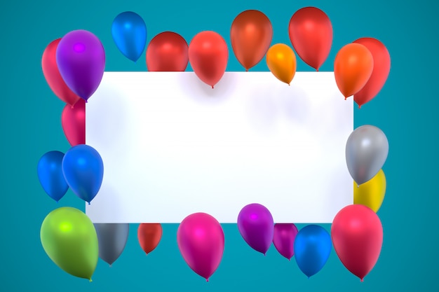 Foto rendering 3d, carta bianca con mongolfiere gonfiabili multicolori su sfondo blu verde, cornice per foto di compleanno con palloncino di colore, spazio vuoto della copia per la festa, banner per social media di promozione, poster