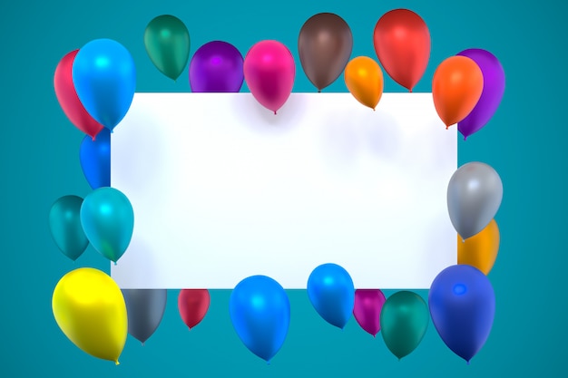 Photo 3d rendering of white card with multicolored inflatable air balloons