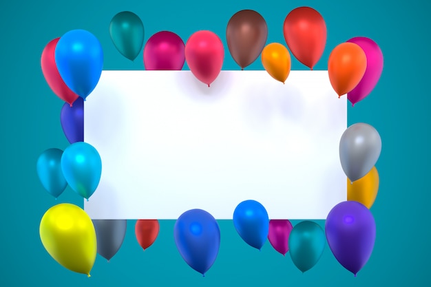 3D rendering of white card with multicolored inflatable air balloons