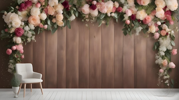 Photo 3d rendering of white chair and artificial flowers on wooden wall background