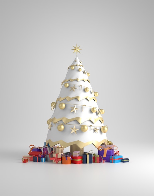 贈り物と白いクリスマスツリーの3Dレンダリング