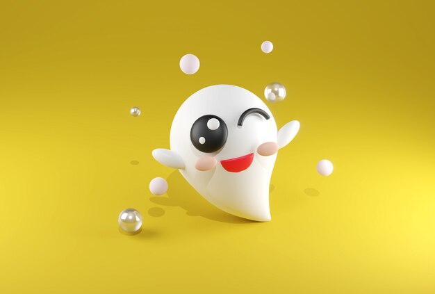 3d rendering white cute ghost kawaii on yellow background Halloween theme.