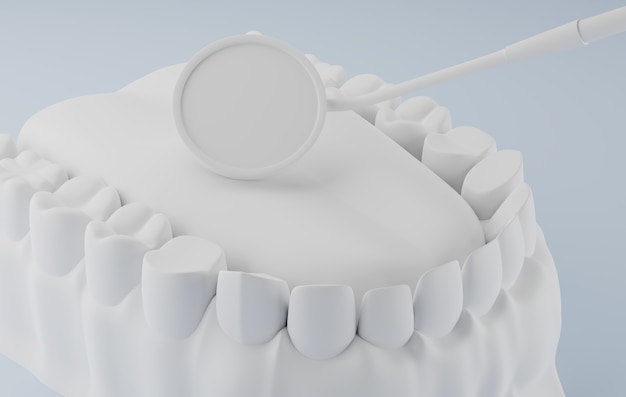 Foto rendering 3d specchio dentale e dentale bianco.