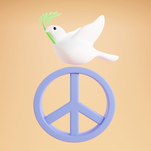 3D rendering of white dove in flight holding an Olive Branch and peace symbol on pastel background