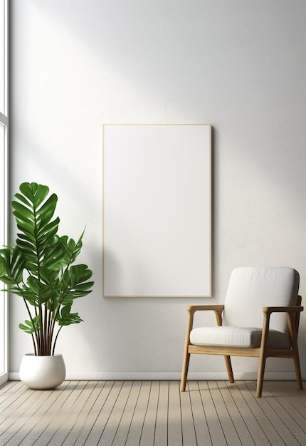 3d rendering white empty poster frame on the white wall