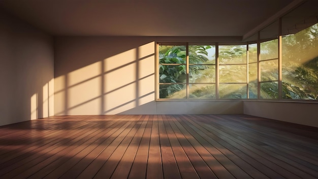 3d rendering of white empty room with wooden floor and sun light cast shadow on the wall