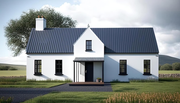 a 3d rendering of a white farmhouse with grey shutters