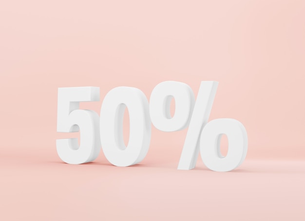 3d rendering white fifty percent discount text on baby pink background