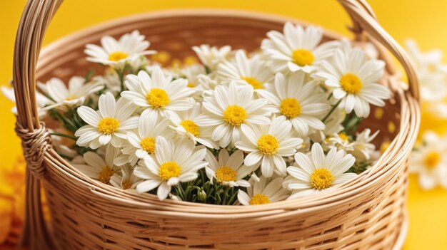 3d rendering of white flowers in a wooden basket against a springtime yellow background