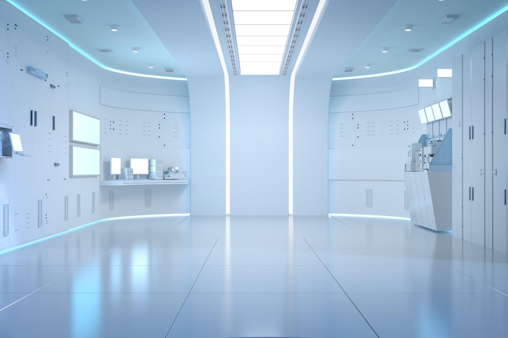 3d rendering white futuristic hospital laboratory interior with machine and medical supplies