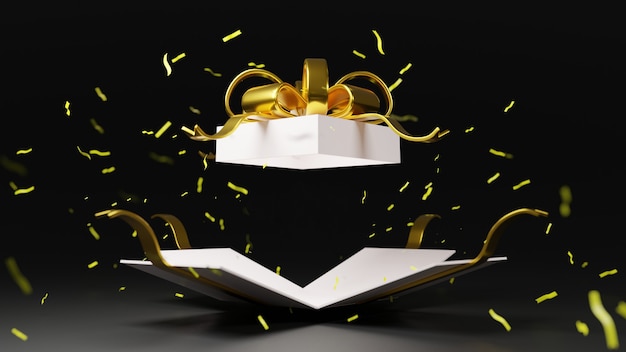 3d rendering white gift box bomb with gold ribbon