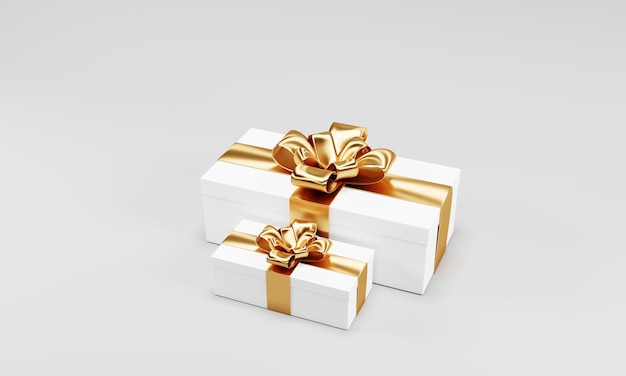 Confezione regalo bianca con rendering 3d con nastro dorato isolato su sfondo bianco